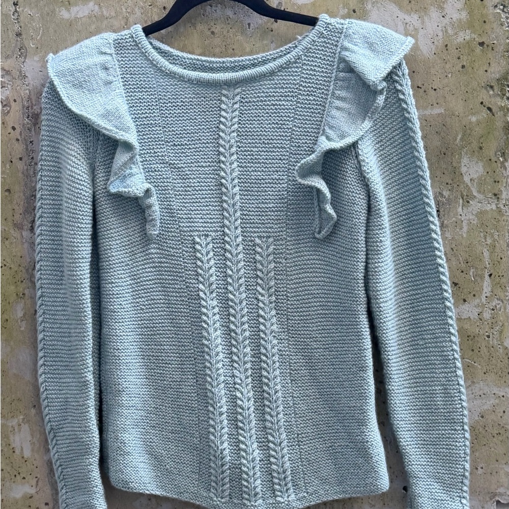 Chic Ruffled Hand Knit Sweater - Sage / Soft Green Blue